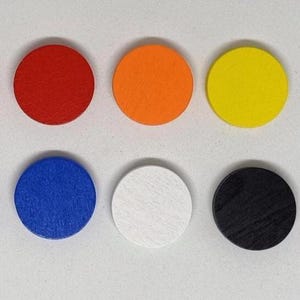 May include: Ten round wooden counters in various colours, including pink, red, orange, yellow, green, purple, blue, white, black, and brown.