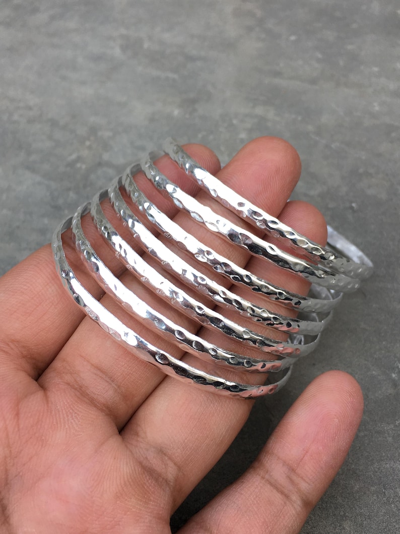 Solid 925 Sterling Silver Bangles, Hammered Bangles, Set of 7 Bangles, Stacking Bangles, Women Bangles Set, Set of Bracelet for Gift image 1