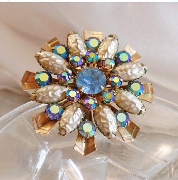 Flower Brooch. Large Blue AB Rhinestone Flower Br… - image 1