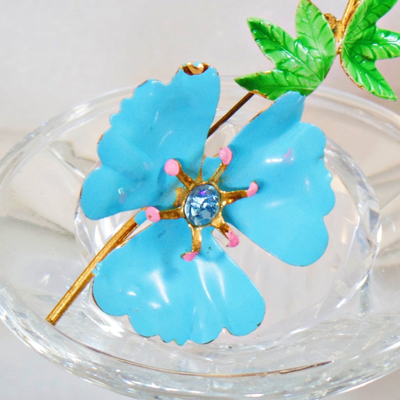 Aqua Flower Brooch Vintage Brooch waalaa. Flower Brooch Rhinestone Flower Brooch Blue Flower Pin