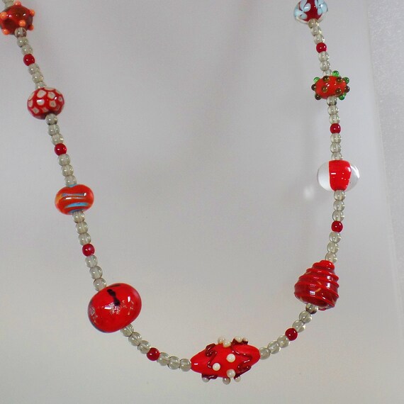 Red Art Glass Necklace.  Ruby Red Silver Clear We… - image 3