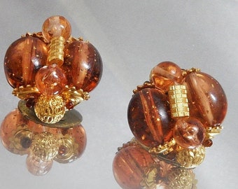 Vintage Earrings. Beaded Earrings.  Brown Glitter. West Germany. waalaa.