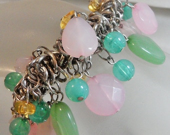 Pink Mint Green Charm Bracelet.  Frosted Beads. Dangling. Lucite. waalaa.