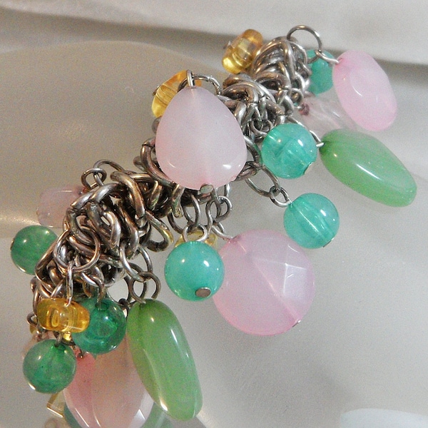 Pink Mint Green Charm Bracelet.  Frosted Beads. Dangling. Lucite. waalaa.