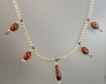 Pearl Necklace. Cloisonne Necklace. Glass Pearls. Red Cloisonne Beads. Christmas. Holiday. waalaa. Necklaces for Women.