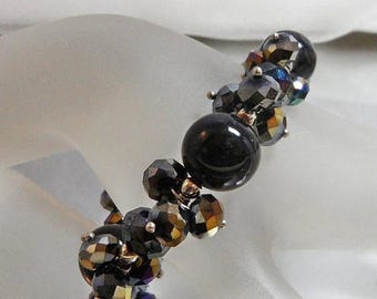 Bangle Bracelet. Bead Bracelet. Dark AB Crystal Beads. Black Beads. Stretch. Cha Cha. waalaa.