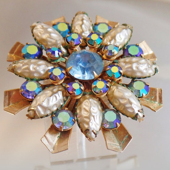 Flower Brooch. Large Blue AB Rhinestone Flower Br… - image 2