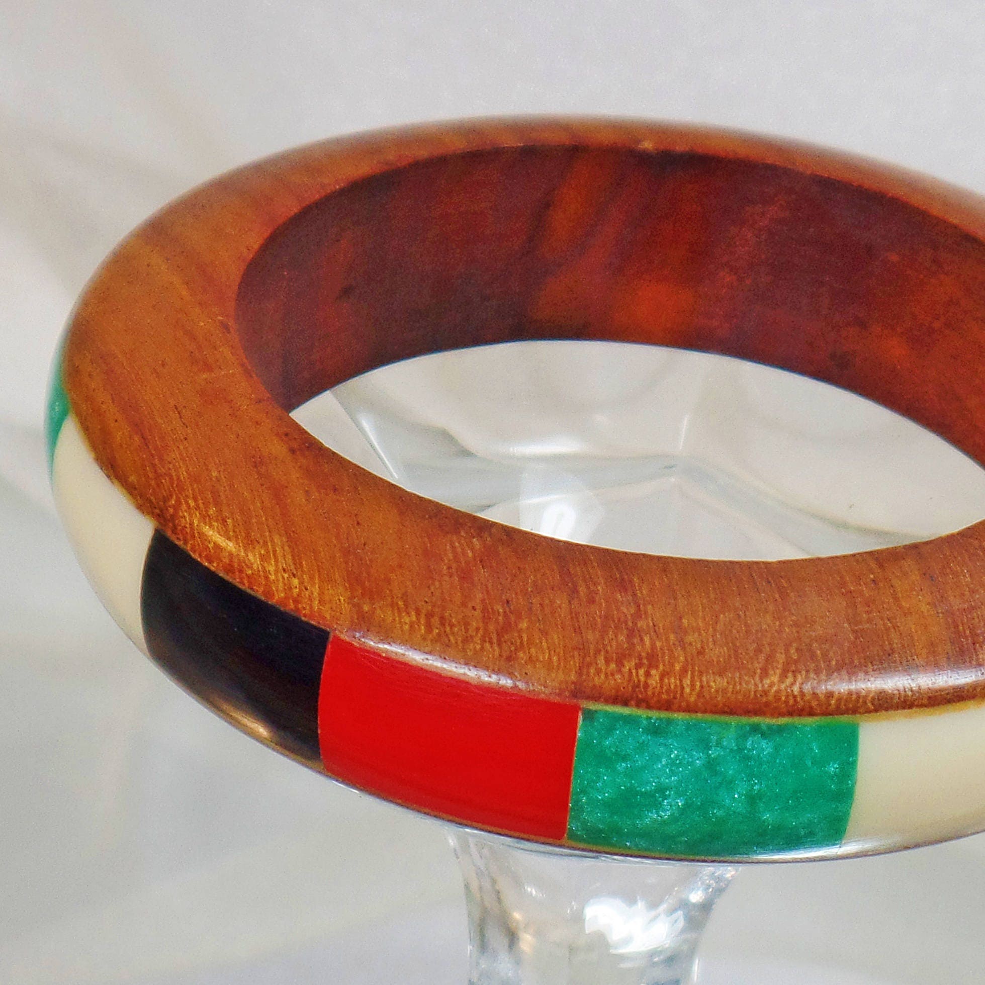 Bangle Bracelet. Wood and Inlaid Dyed Bone Bracelet. Wood