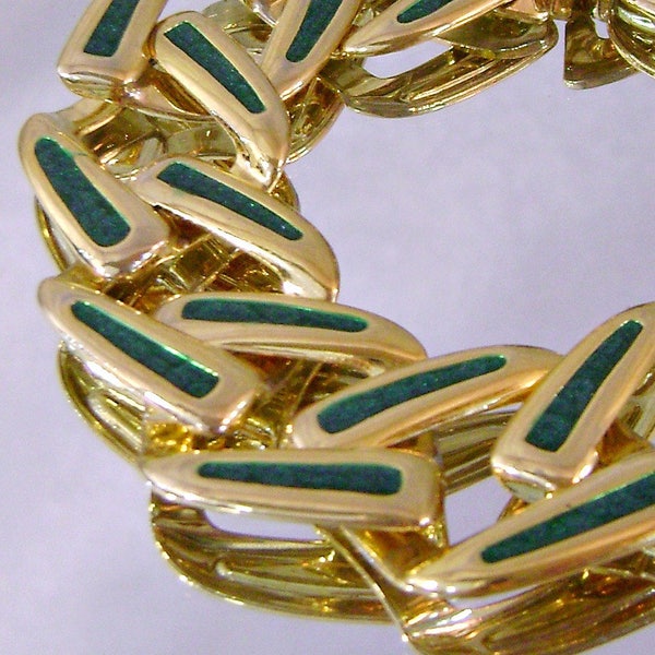 Green Glitter Gold Bracelet.  Green Glitter and Gold Link Bracelet. waalaa.