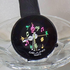 Ladies Watch. De Juno Musical Violin Watch. Black Leather DeJuno Music Watch.  Ladies Black Watch. waalaa.