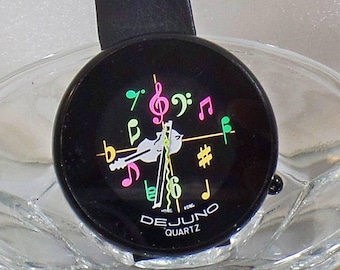 Ladies Watch. De Juno Musical Violin Watch. Black Leather DeJuno Music Watch.  Ladies Black Watch. waalaa.
