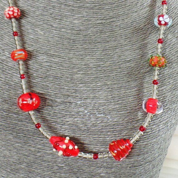 Red Art Glass Necklace.  Ruby Red Silver Clear We… - image 10