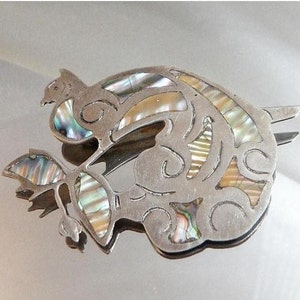 Silver Brooch.  Silver Pin. Sterling Silver Peacock Brooch. Large Bird Pin. Hecho en Mexico Fantasy Bird.  Abalone waalaa.