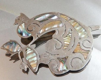 Silver Brooch.  Silver Pin. Sterling Silver Peacock Brooch. Large Bird Pin. Hecho en Mexico Fantasy Bird.  Abalone waalaa.