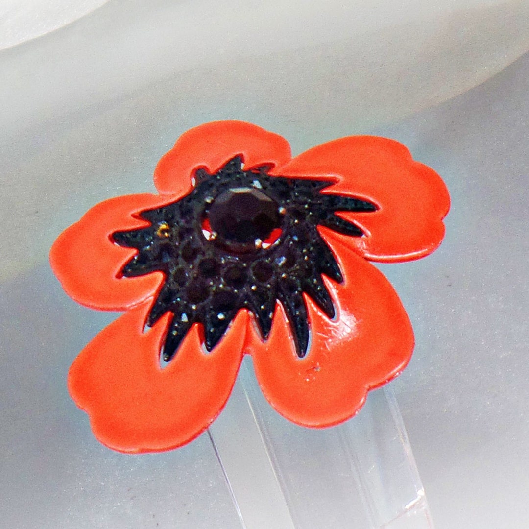 Flower Brooch. Neon Orange Flower Brooch. Black Rhinestone Flower Pin ...