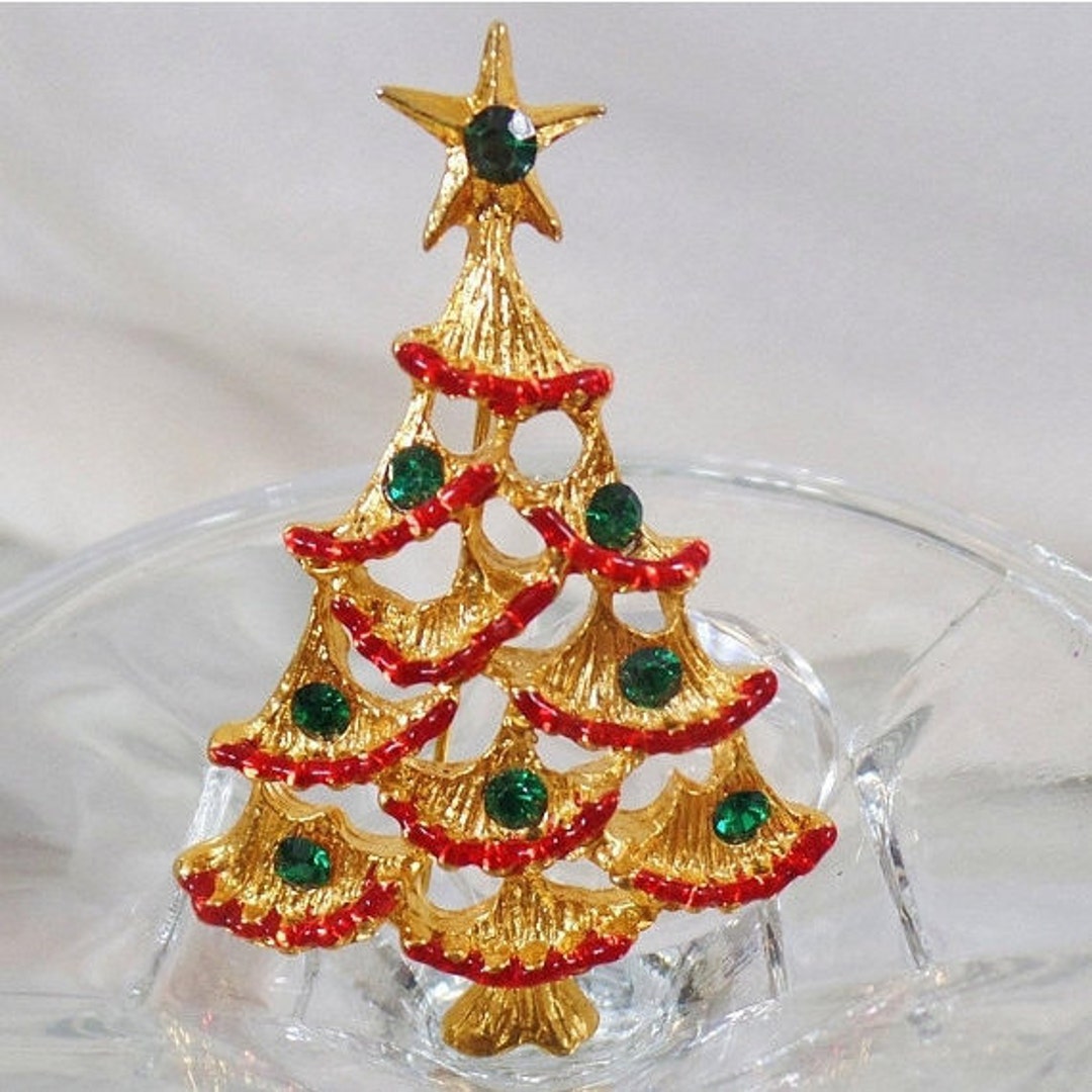 Christmas Brooch. Christmas Pin. Red Green Rhinestone Christmas Tree ...