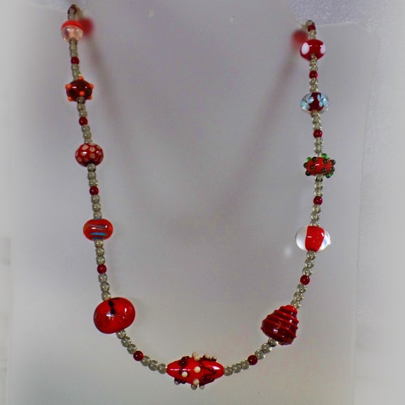 Red Art Glass Necklace.  Ruby Red Silver Clear We… - image 5