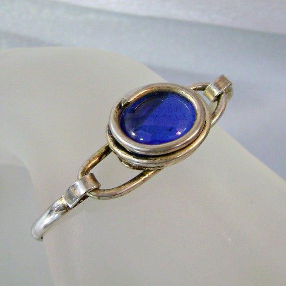 Blue Glass Bracelet.  Silver and Royal Blue Caboch