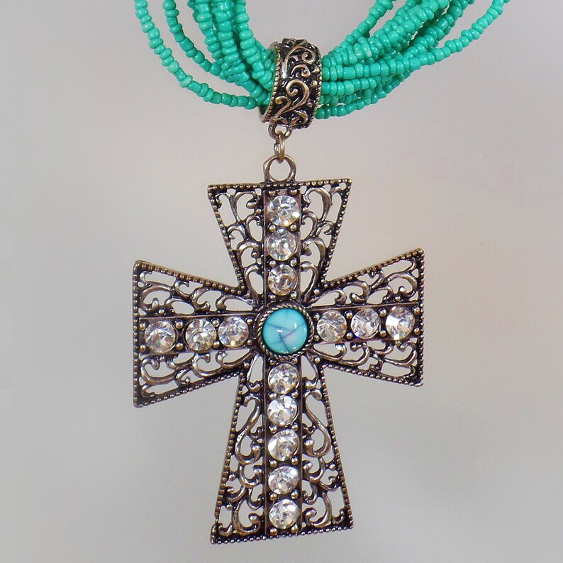 Turq Beaded  with Antique Copper Cross 255r main image 0