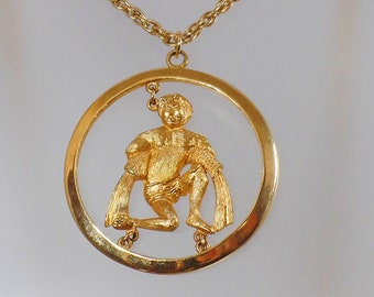 Aquarius Zodiac Necklace.  Gold Water Bearer Zodiac Sign Medallion Pendant. Horoscope Necklace waalaa. Necklaces for Women.