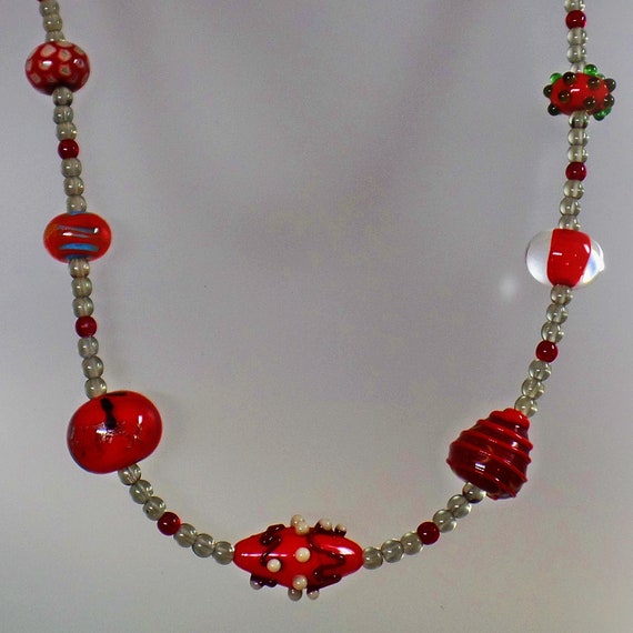 Red Art Glass Necklace.  Ruby Red Silver Clear We… - image 7