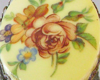 Flower Brooch. Yellow Flower Cameo Brooch Yellow Porcelain Cameo with Purple, Blue and Brown Painted Flowers waalaa.
