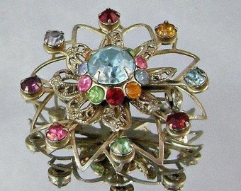 Colorful Rhinestone Brooch.  Blue Pink Red Green Rhinestone Snowflake Pin. waalaa.