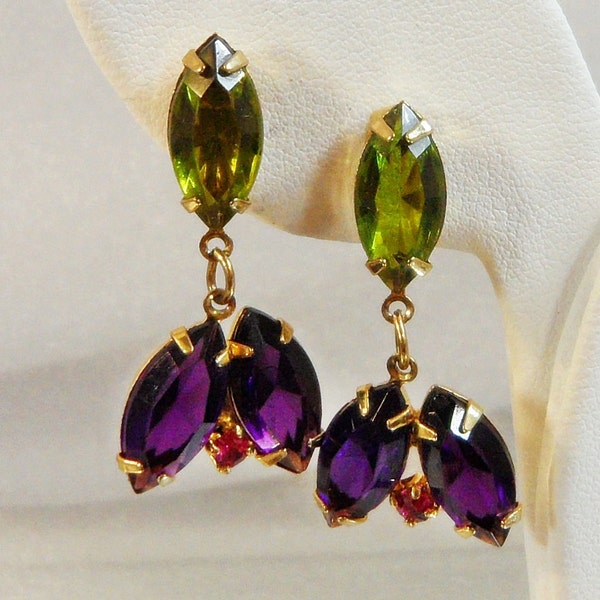 Vintage Rhinestone Earrings Dangling Amethyst Purple, Peridot Green, Ruby Red Rhinestones