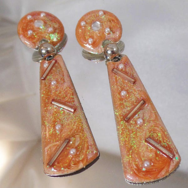 Vintage Earrings. Mod Geometric Orange Enamel Earrings.  Pearl and Glass Bugle Bead Orange Swirl Drop Earrings. waalaa. Enamel Earrings.