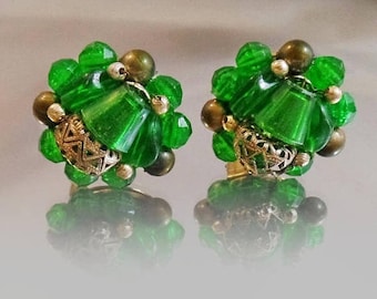 Vintage Earrings. Large Clip Earrings. Emerald Green Bead Earrings. Hong Kong.  1950s Beaded Earrings waalaa.