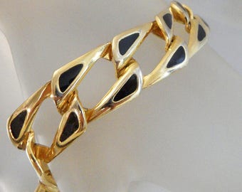 Black and Gold Bracelet.  Gold Tone. Black Enamel Link Bracelet. waalaa.