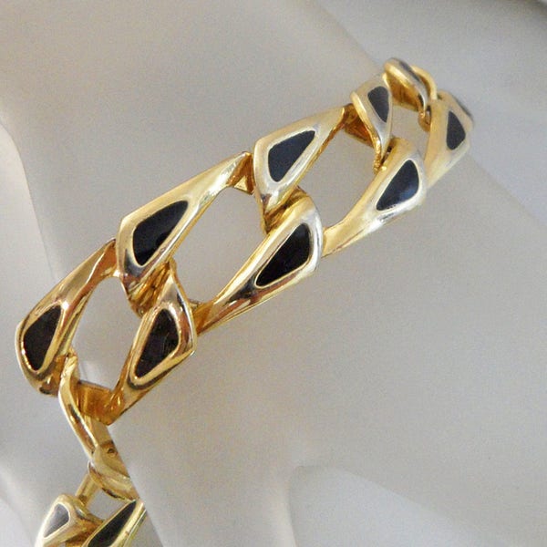 Black and Gold Bracelet.  Gold Tone. Black Enamel Link Bracelet. waalaa.