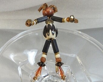 Doll Brooch. Stickpin. Art Glass Beads. Copper. Scarecrow. waalaa.