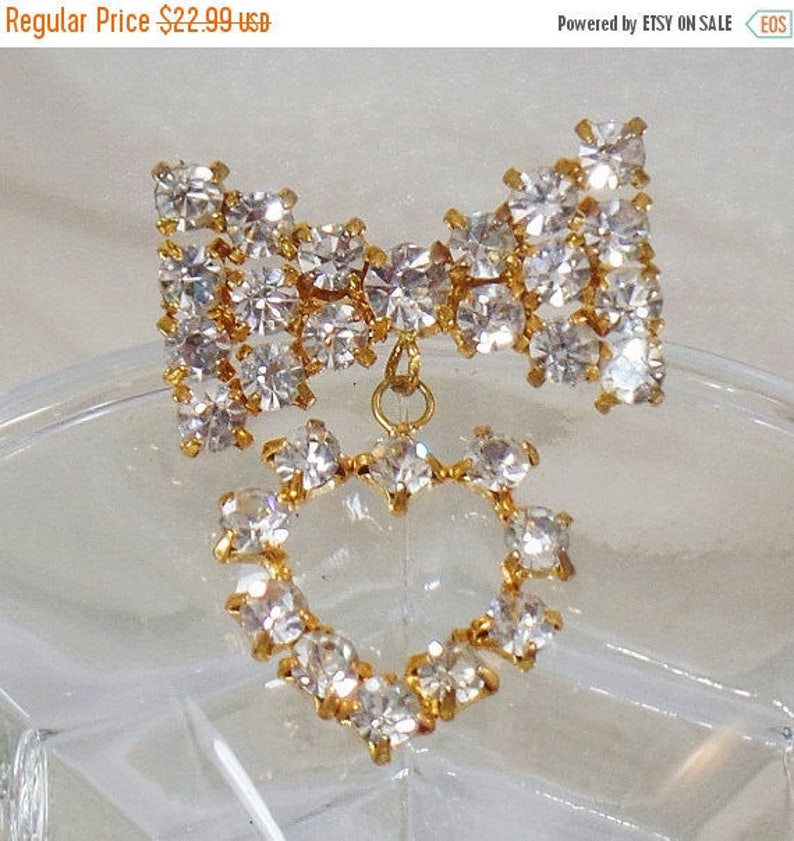 waalaa. Rhinestone Heart and Bow Brooch Dangling Heart Rhinestone Bow Pin