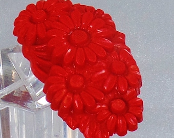 Red Celluloid Carved Daisies Dress Clip.  Art Deco.  Carved Celluloid Daisy Dress Clip.  Fur Clip. waalaa.