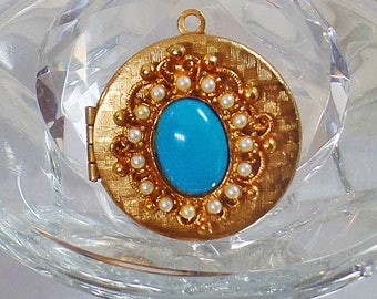 Turquoise Pearl Locket Pendant. Victorian Revival Faux Turquoise and Pearl Gold Locket Pendant. waalaa.
