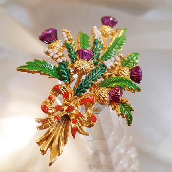 Vintage Scottish Thistle Brooch. Rare Exquisite Purple Thistle Flower Bouquet Pin. 1950s.