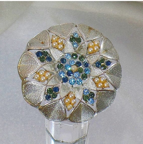 Silver Rhinestone Brooch. Blue and Green Rhinestone and Pearl Brooch. Silver Rhinestone and Pearl Pin. waalaa.