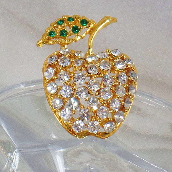 Rhinestone Apple Brooch. Clear Rhinestones Apple