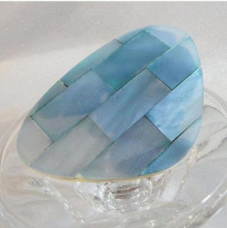 Pale Blue Abstract Triangle Pin Large waalaa. Blue Mother of Pearl Brooch Lucite