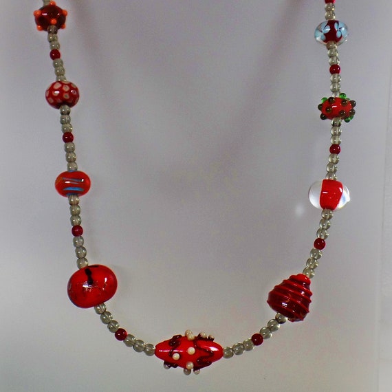 Red Art Glass Necklace.  Ruby Red Silver Clear We… - image 6