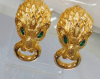 Vintage Earrings. Rare Les Bernard Lion Earrings. Les Bernard Knocker Earrings. Lion Feline Designer Earrings. waalaa.