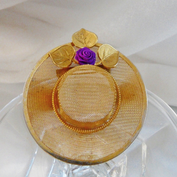 Gold Mesh Hat Brooch. Purple Rosebud Hat Pin. waalaa.