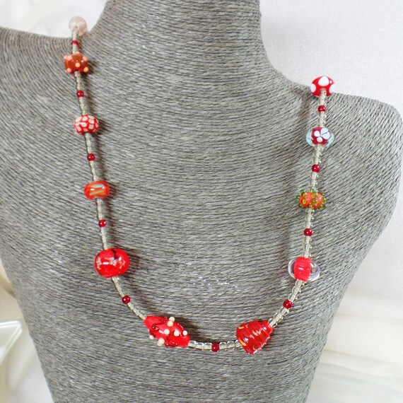 Red Art Glass Necklace.  Ruby Red Silver Clear We… - image 9
