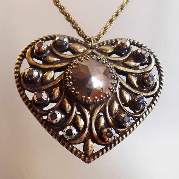 Hematite Brass Heart Necklace.  Large Hematite Rhinestone Heart Necklace.  Steam Punk. waalaa. Necklaces for Women.