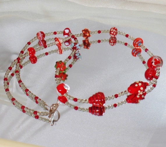 Red Art Glass Necklace.  Ruby Red Silver Clear We… - image 8