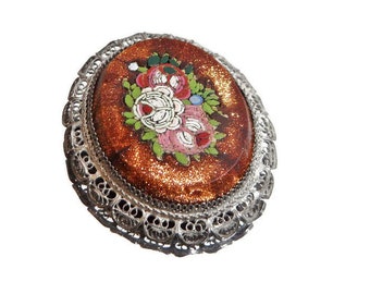 Pietra Dura Broche Cameo Victorian Micro Mosaic Floral en Goldstone Silver Cannetille waalaa.