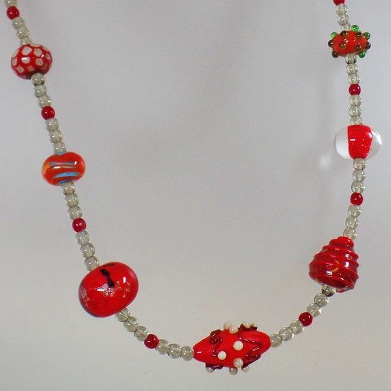 Red Art Glass Necklace.  Ruby Red Silver Clear We… - image 1