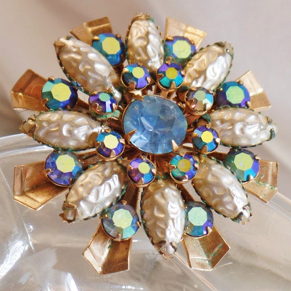 Flower Brooch. Large Blue AB Rhinestone Flower Br… - image 3