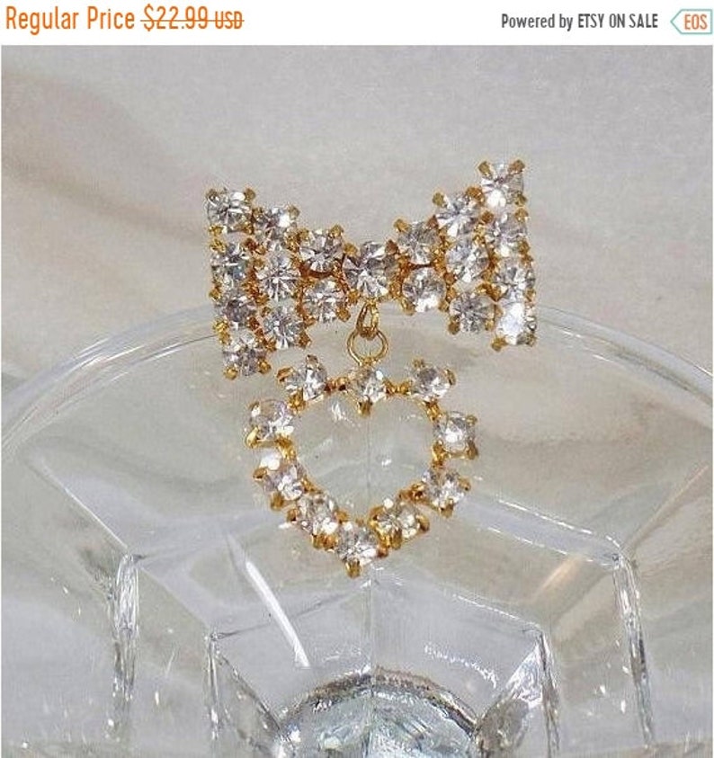 waalaa. Rhinestone Heart and Bow Brooch Dangling Heart Rhinestone Bow Pin